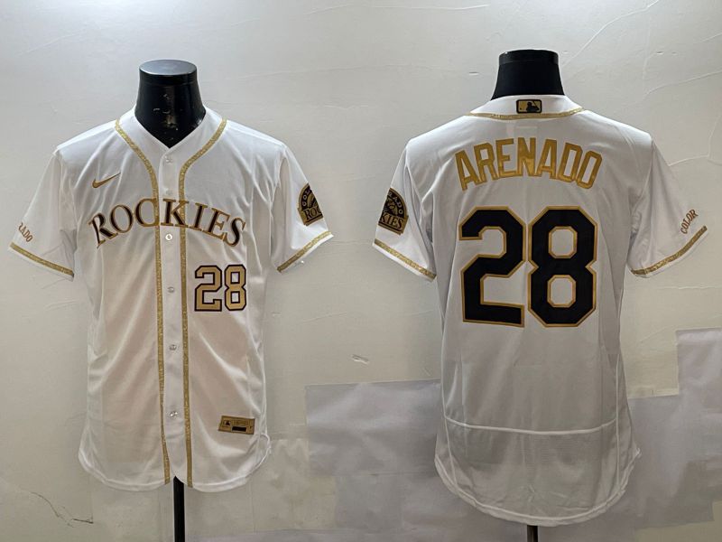 Men Colorado Rockies #28 Arenado White Gold Elite 2025 Nike MLB Jersey style 3